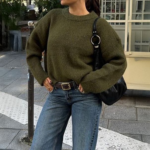 Simple And Fashionable Woolen Long Sleeve Solid Color T-Shirt Top Women's Autumn And Winter Crew Neck Loose Sweater Whol_ecoleips.com
