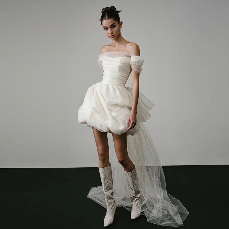 Women's Clothing One Shoulder Light Wedding Dress White Short Simple French Satin Light Wedding Dress For Petite Engagement Registration Dress_ecoleips.com