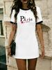 Eiffel Tower Letter Print Round Neck Short Sleeve T-Shirt Dress - French Romantic Style Fashion Casual Wear For Women_ecoleips.com