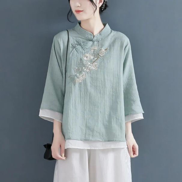 A Retro Button-Up Embroidered Cotton And Linen Shirt For Women, A Chinese-Style Stand-Up Collar With Three-Quarter Sleev_ecoleips.com
