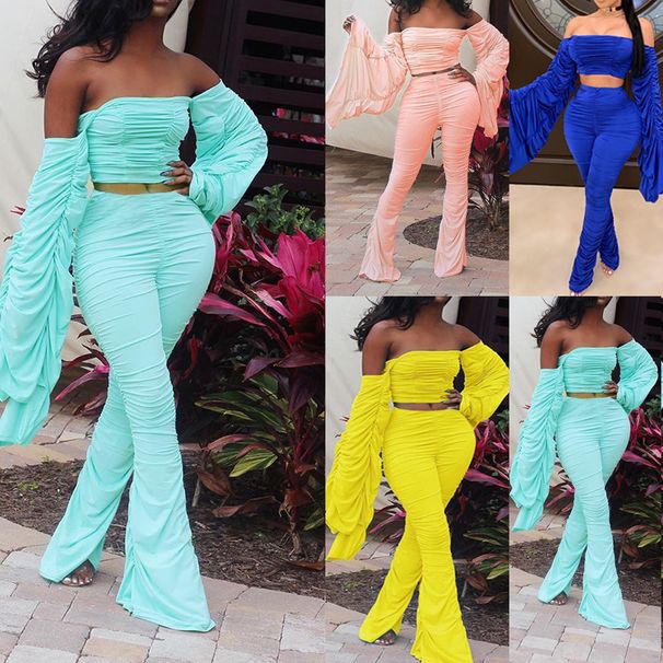 Women's Slim Fit Jumpsuit Solid Color Strapless Long Sleeved Pleated Two Piece Sexy Cross Border European American Style_ecoleips.com