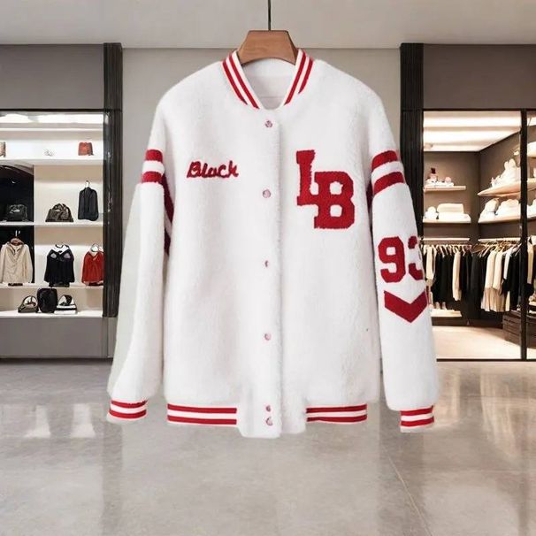 Women's Clothing Plush And Thickened Temperament Coat Spring And Autumn Letter Loose Cardigan Baseball Jacket Fur Coat_ecoleips.com