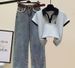 Women's Clothing Reducing Belly Covering Short Sleeved T Shirt For Women With High Waisted Denim Wide Leg Pants Two Piece Suit Ins_ecoleips.com