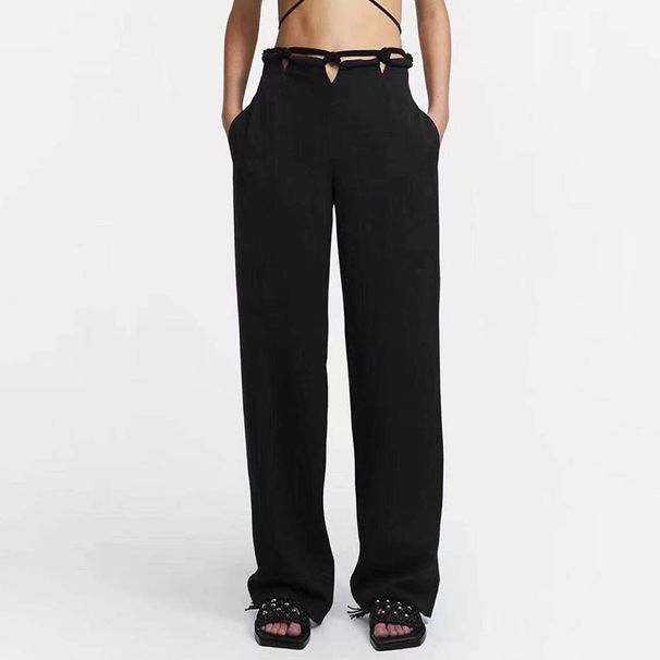 High-Waisted Wide-Leg Pants With Woven Cutout Detail - Minimalist Office Trousers For Women (Beige/Black)_ecoleips.com