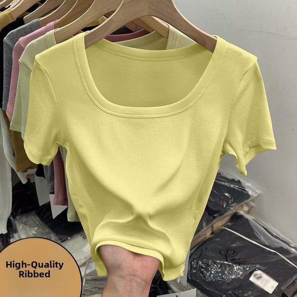 Women's French Style Ribbed T-Shirt Square Neck Short Sleeve Slim Fit Basic Elegant And Youthful Top_ecoleips.com