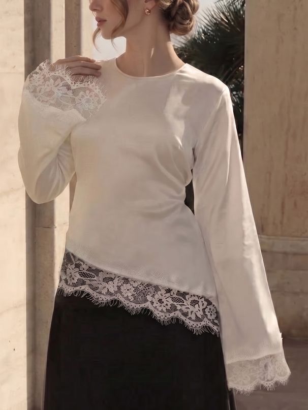 Women's Elegant Lace Patchwork Blouse,Long Sleeve Asymmetrical Hem Top Clothing Suitable For Spring Summer_ecoleips.com
