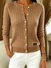 Khaki Cable Pit Rib Knit Cardigan, Loose Lightweight Breathable Soft Skin-touch Button Long Sleeve Jacket_ecoleips.com