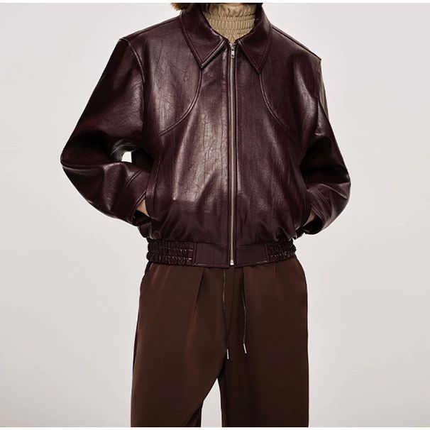 K New Street Style Personalized Fashion Retro Imitation Leather Jacket Jacket With Lapel Tie_ecoleips.com