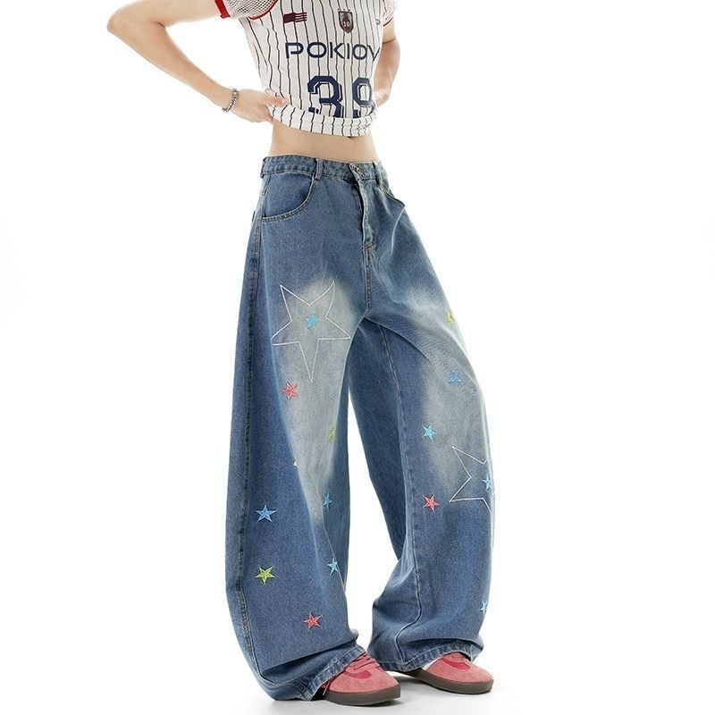 Vintage Star Embroidered Baggy Jeans For Women, Gradient Washed Wide Leg Denim Pants, Loose High Waist Casual Trousers, Streetwear Daily Wear Y2K Over_ecoleips.com