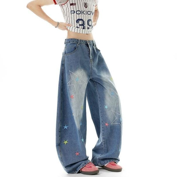 Vintage Star Embroidered Baggy Jeans For Women, Gradient Washed Wide Leg Denim Pants, Loose High Waist Casual Trousers, Streetwear Daily Wear Y2K Over_ecoleips.com