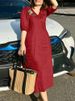 ZANZEA Women V Neck A-line Vestidos Solid Holiday Casual 2024 Summer Dresses Commute Half Sleeve Floral Embroidery Midi Dress_ecoleips.com