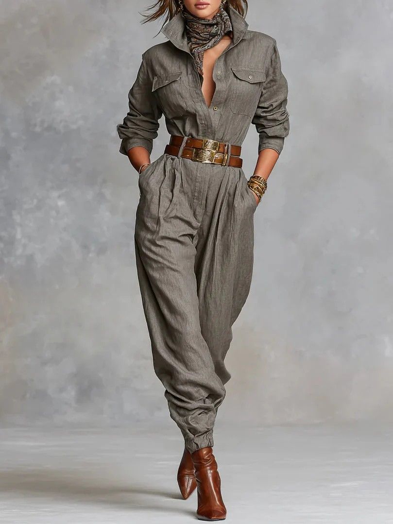 Linen-Blend Button-Front Jumpsuit With Pockets – Relaxed Long Sleeve Romper For Women (6 Sizes, Stone Grey)_ecoleips.com