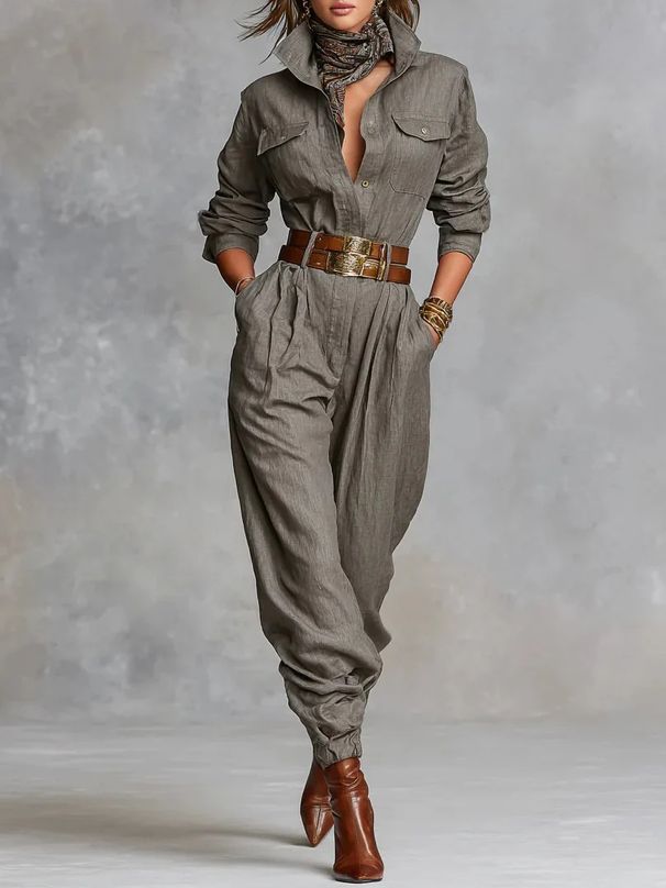 Linen-Blend Button-Front Jumpsuit With Pockets – Relaxed Long Sleeve Romper For Women (6 Sizes, Stone Grey)_ecoleips.com