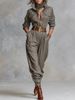 Linen-Blend Button-Front Jumpsuit With Pockets – Relaxed Long Sleeve Romper For Women (6 Sizes, Stone Grey)_ecoleips.com