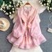 Luxury Yellow V Neck Dress for Women Dopamine Style Lantern Sleeve Chiffon Print Ruffled Cake Design Niche Super Fairy Fashion_ecoleips.com