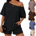 Colorful Fashion Women's 2 Piece Set Casual Round Neck Off Shoulder Loose T-Shirt And ShortsRelaxed Everyday Wear Versatile Comfortable Feshion Trend_ecoleips.com