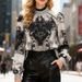 Women's Elegant Printed Blouse - Stretchy V-Neck Long Sleeve Top For Office & Casual Wear (Black, S-Xl)_ecoleips.com
