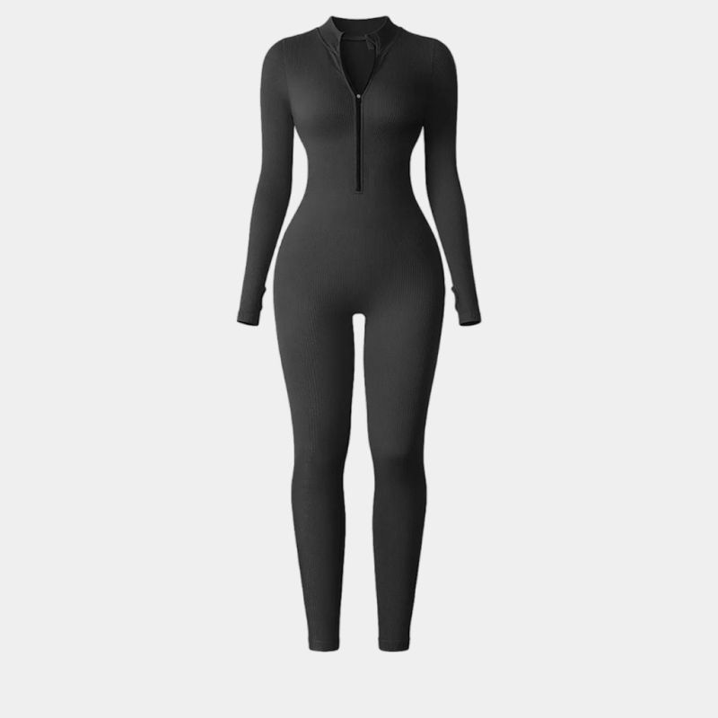 Women’s Clothing Threaded Half Zip Jumpsuit With Thumb Hole Long Sleeve Jumpsuit Hip Lifting Body Shaping Pants Small Stand Up Collar Jumpsuit_ecoleips.com