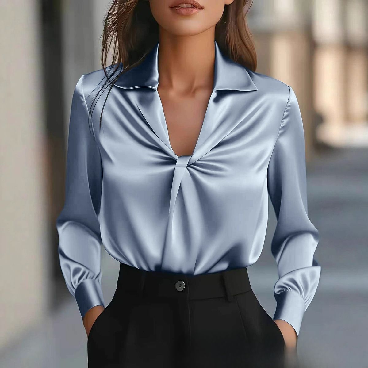 Women's Clothing Elegant V-Neck Twist Front Blouse – Light Blue Satin Shirt With Draped Knot Detail, Long Sleeve Retro Office Wear (S/M/L/XL)_ecoleips.com