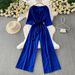 Women's French Style Striped Square Neck Jumpsuit Casual Loose Fit Wide Leg Pants Tie Waist Summer Romper_ecoleips.com