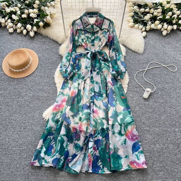 Women's French Style Long Dress Beaded Lapel Printed Design Autumn Tie Waist Single Breasted Heavy Duty Skirt_ecoleips.com