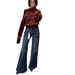 Dark Blue Bamboo-pattern Vintage Flared Jeans 2025, High-waisted, Trendy, Loose-fitting Bell-bottom Pants For Tall_ecoleips.com