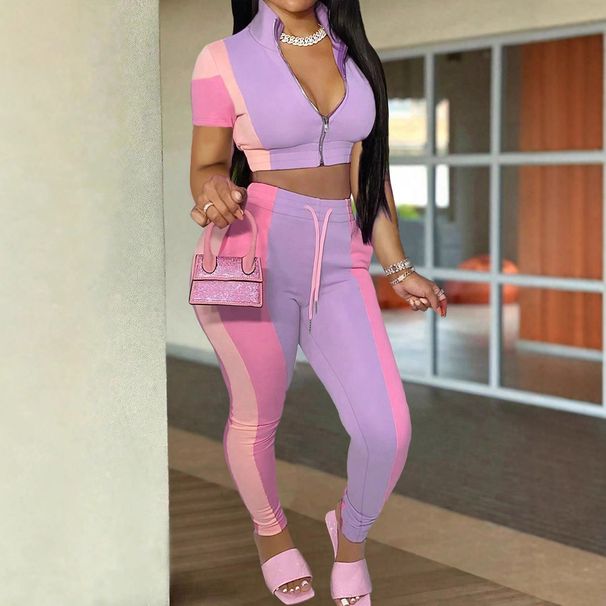 Versatile Zippered Short Sleeve Top And Drawstring Pocket Pants Set, Women's Stretchy Casual Two-Piece Outfit For Spring Summer_ecoleips.com