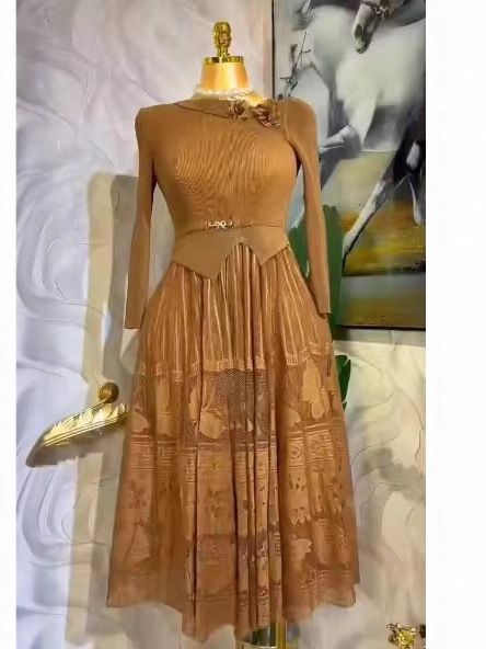 Women's Clothing Plus Size Clothes Modern Asymmetrical Neckline Dress – Elegant Pleated Skirt With Full Hem In Dark Blue/Camel/Pinkish/Matcha/Black_ecoleips.com