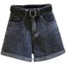 Women's Black Gray Denim Shorts Summer Thin Ins Korean Style Slimming Casual Rolled Hem A-Line Wide Leg Hot Pants_ecoleips.com