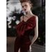Burgundy Velvet Evening Dress – Strapless Princess Ball Gown With Bow For Banquet & Hosting (XS-XXL)_ecoleips.com
