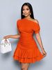 Women's Elegant Party Daytime Knitted Asymmetric Neckline Gathered Double Ruffled Mini Dress_ecoleips.com