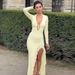 Women's Clothing 2025 Early Autumn Fashion Sexy U-Neck Tie Side Slit Lace Slim Fit Long Sleeve Dress_ecoleips.com