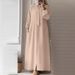 Women's Clothing Fashion Bow Tie Lapel Solid Color Long Sleeved Shirt Sundress Pocket Loose Cardigan Long Skirt_ecoleips.com