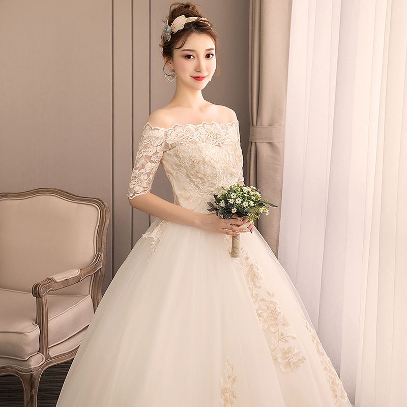 Women's Lightweight Wedding Dress French Style Off Shoulder Design New Super Fairy Like Forest Inspired Floor Length Simple Train_ecoleips.com