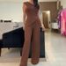 Women's solid color oblique collar striped elastic slim fit knitted sweater and pants suit for women_ecoleips.com