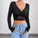 New Women's Deep V Neck Long Sleeve Lace Patchwork Ruffled Short T-Shirt Top_ecoleips.com
