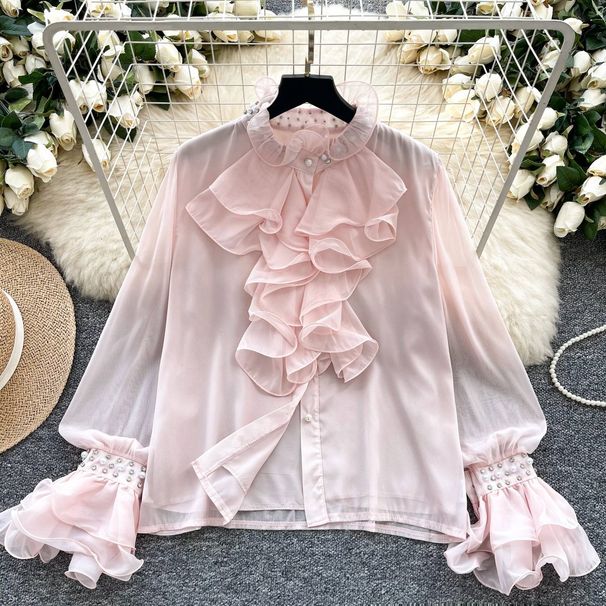 Women's Clothing Light Luxury Palace Style Stand Collar Shirt For Women Autumn Ruffled Diamond Inlaid Loose Design Celebrity Lady Temperament_ecoleips.com