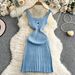 Women's Clothing Sexy Square Neck Knitted Suspender Dress Elastic Waist Slim Pleated Mid Length Skirt_ecoleips.com