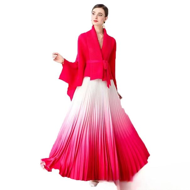 Women's Clothing Luxury Silk Ruffle Pleated Skirt Set With Ombre Gradient - Elegant Bat-Sleeve Blouse & Flowy Maxi Skirt For Women_ecoleips.com