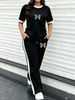 Women's Simple Sport 2-piece Set, Classic Print Colorblock Tee & Stretch Knit Side-stripe Drawstring Wide Leg Pants For Spring Summer Commute & Gym_ecoleips.com