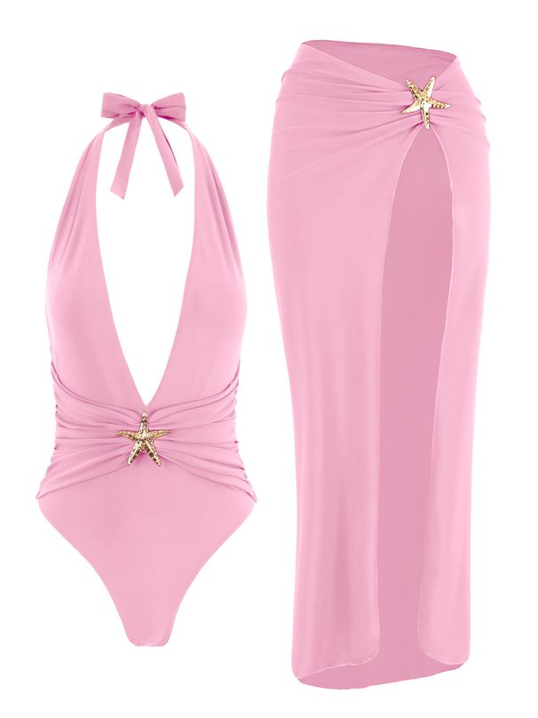 Starfish One Piece Bathing Suits With High Split Skirt Cover Ups 2 Piece Swimsuits For Elegant Women Sexy Halter Bikini Sets K59_ecoleips.com