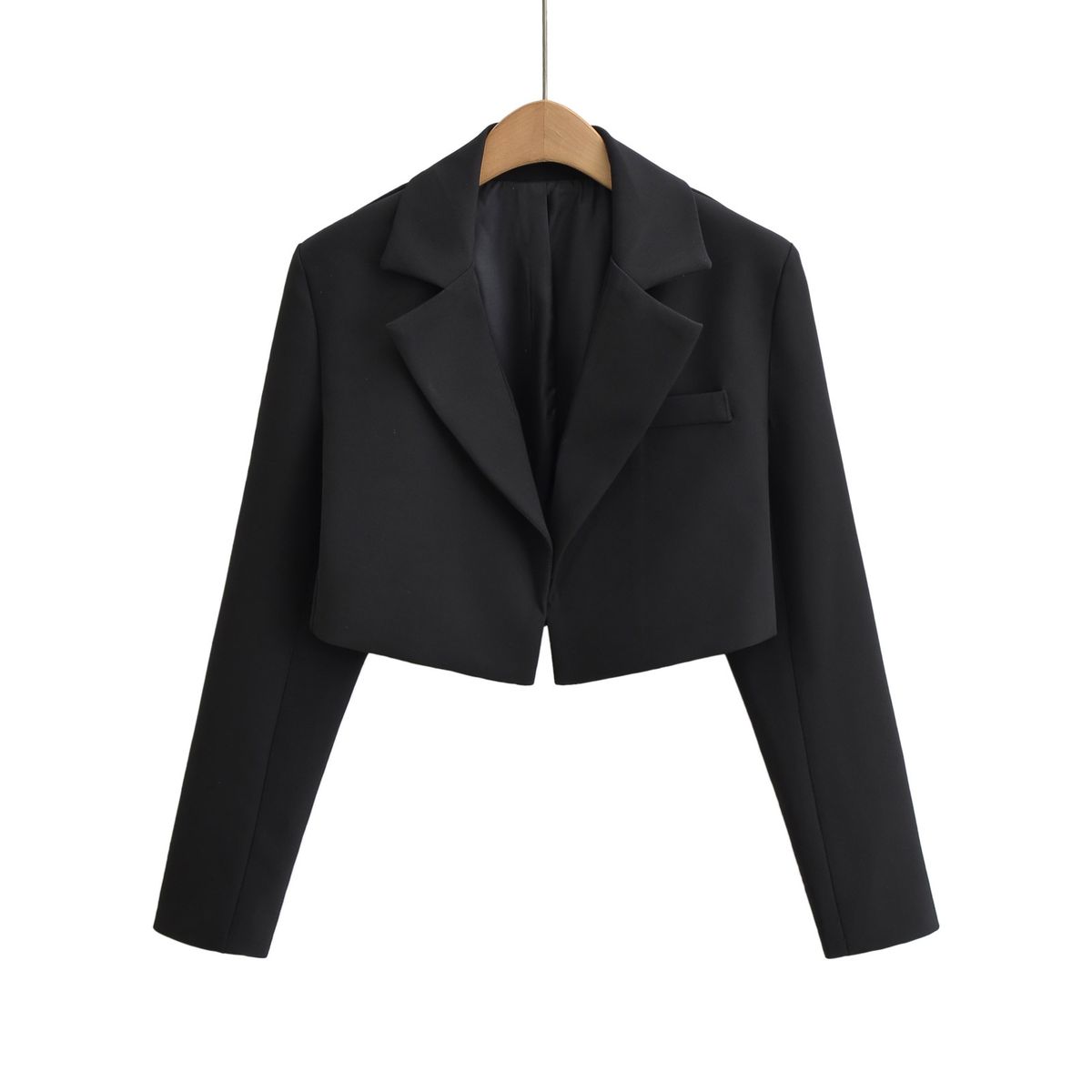Women's Clothing High Grade Solid Color Buttonless Short Suit Jacket Autumn Temperament High Waist Shoulder Pad Long Sleeve Small Suit Top_ecoleips.com