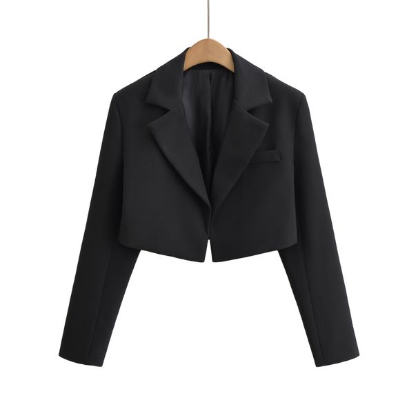 Women's Clothing High Grade Solid Color Buttonless Short Suit Jacket Autumn Temperament High Waist Shoulder Pad Long Sleeve Small Suit Top_ecoleips.com