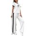 Women's Abstract Line & Check Print Summer Casual T-Shirt And Straight-Leg Sport Pants Set Soft Breathable Two-Piece Outfit_ecoleips.com