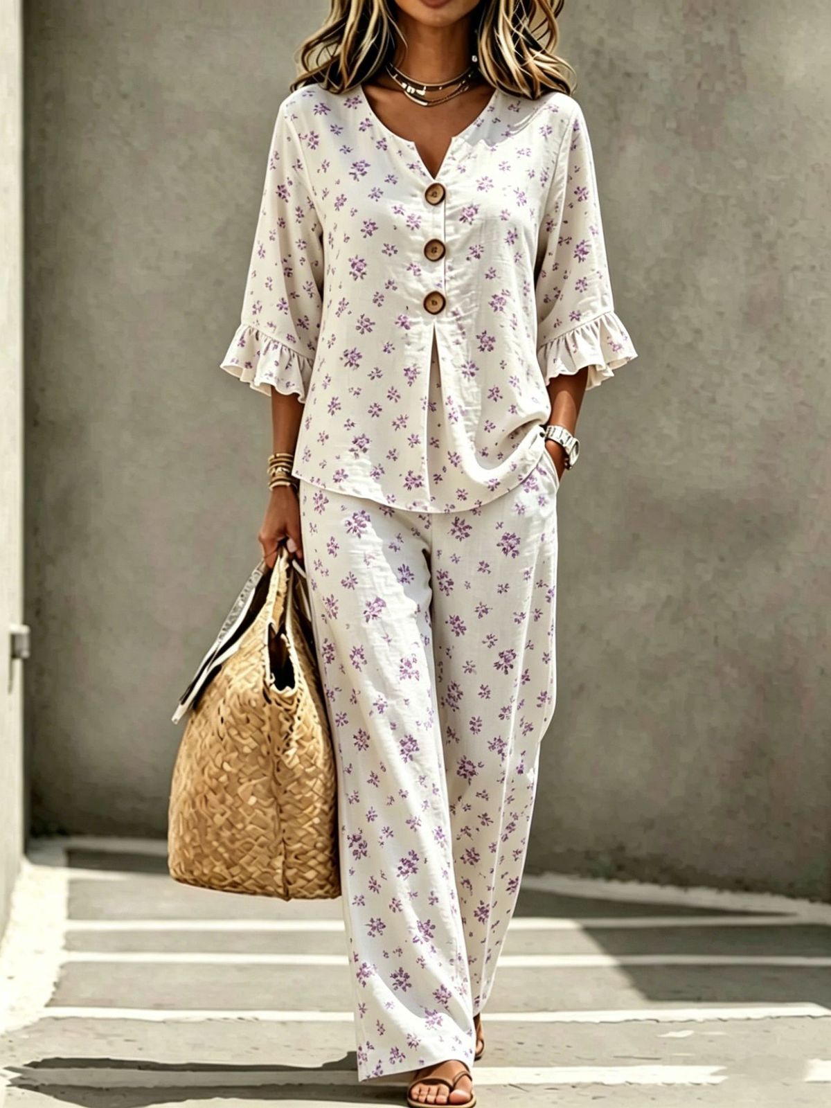Women's Casual Cotton Linen Set V Neck Button up Top with Wide Leg Pants Two-Piece Fashionable European American Style_ecoleips.com