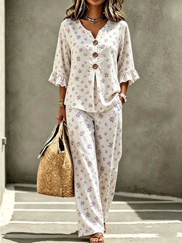 Women's Casual Cotton Linen Set V Neck Button up Top with Wide Leg Pants Two-Piece Fashionable European American Style_ecoleips.com