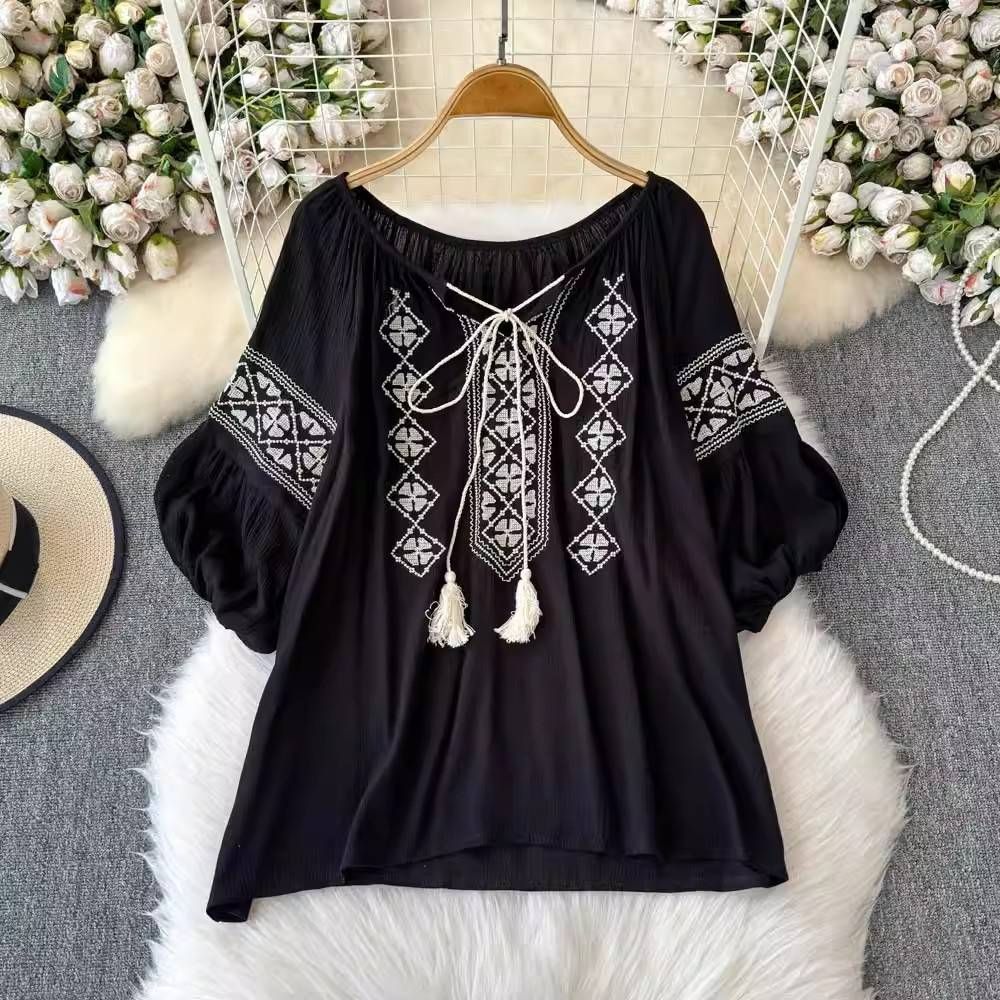 Women's Clothing Tops Heavy Embroidery Travel Long Sleeved Shirt Cotton And Linen Tops Female_ecoleips.com