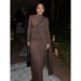 Slim Fit Ruched Long Sleeve Bodycon Midi Dress For Women - Elegant Brown, Pure Y2k Aesthetic, Stretchy Polyester Fabric For Daily Wear_ecoleips.com
