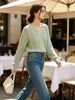 Thin Mesh Stitch Knit Sweater, Textured Long Sleeve_ecoleips.com