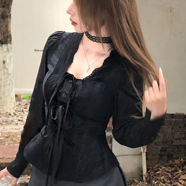 Plus-size Women's Autumn Shirt With Lace Trim, Stylish Design, Waist-cinching Top That Accentuates The Figure, Suitable_ecoleips.com